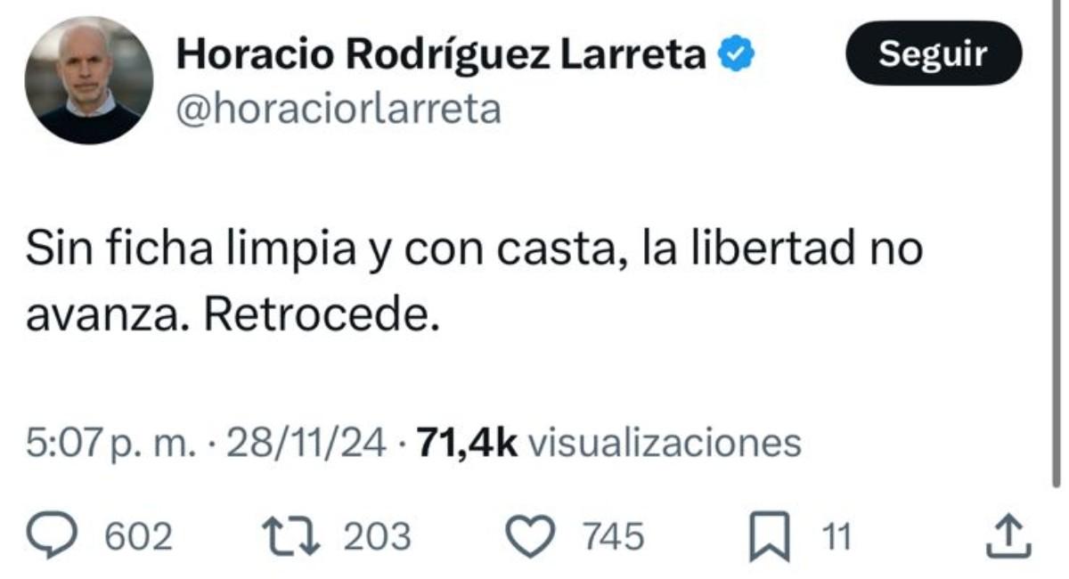 Rodríguez Larreta: Sin ficha limpia y con casta, la libertad no avanza