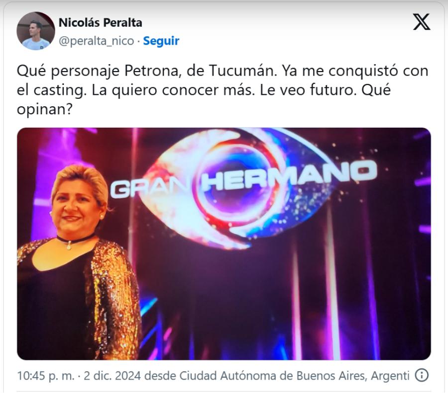 El posteo de Nicolás Peralta sobre Petrona.