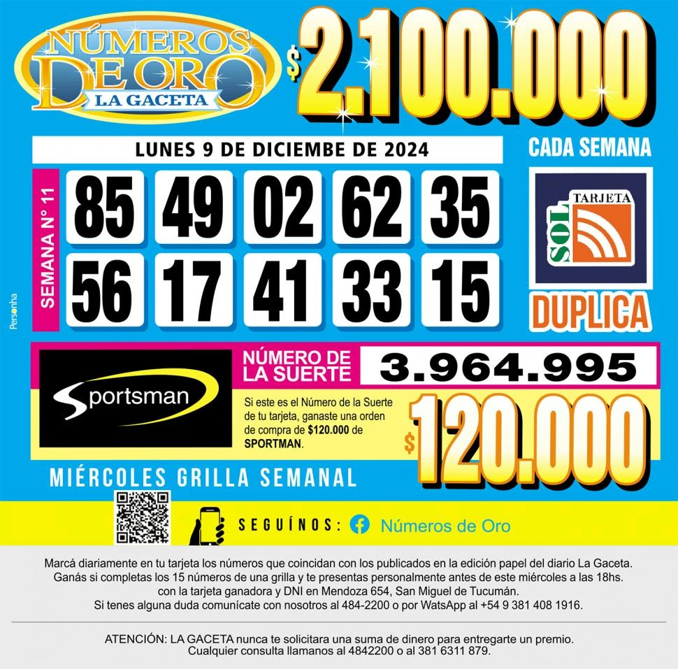 Los Números de Oro de LA GACETA del lunes 9 de diciembre de 2024