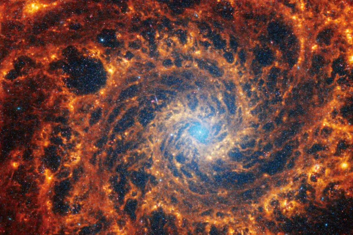 La galaxia espiral NGC 628, situada a 32 millones de años luz de la Tierra, se ve en una imagen sin fecha del telescopio espacial James Webb. NASA, ESA, CSA, STScI, Janice Lee (STScI)