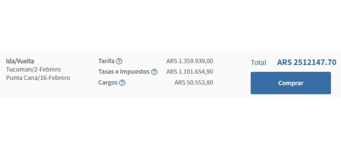 El total a pagar por un vuelo ida y vuelta a Punta Cana de $2.512.147,70.