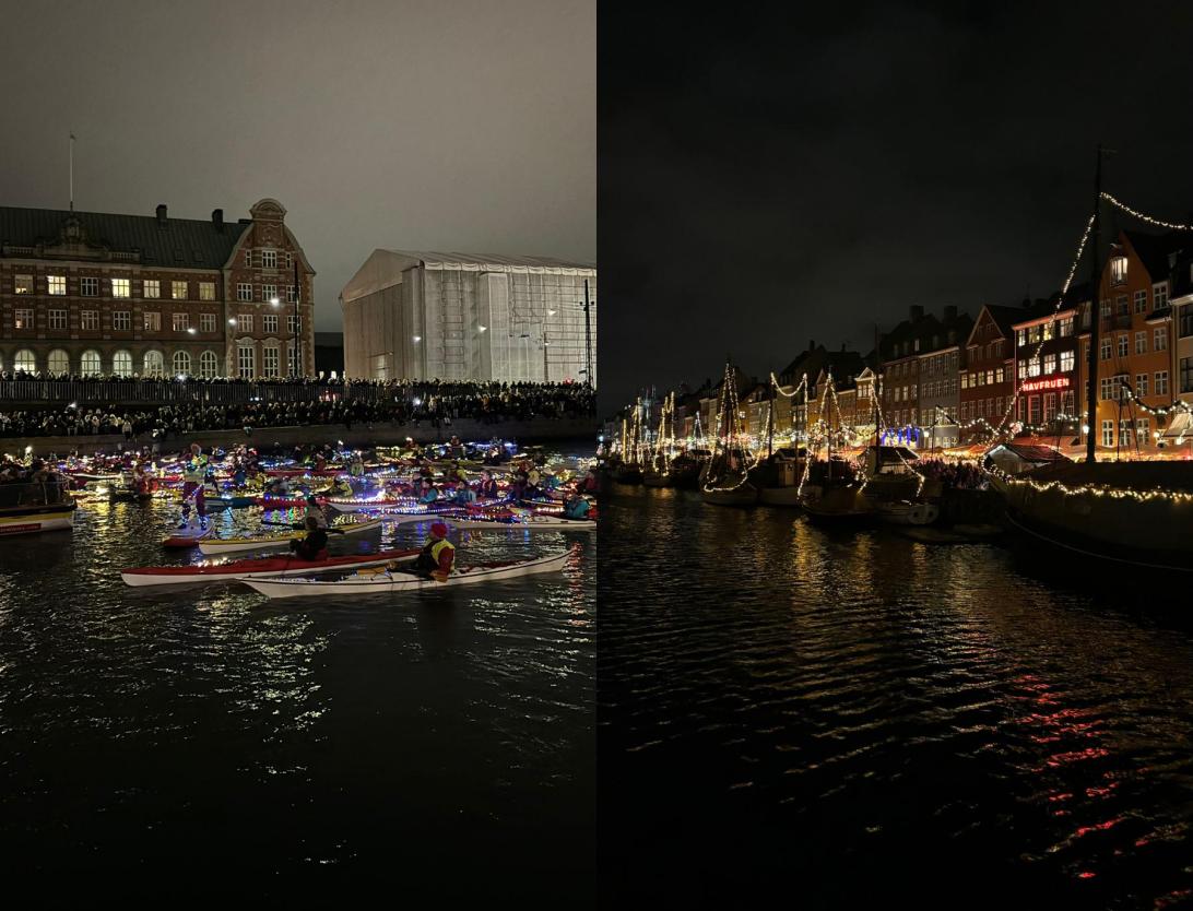 Una vista navideña al paseo marítimo Nyhavn que cruza Copenhague.