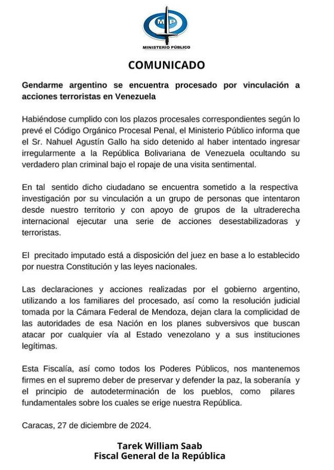 Venezuela procesó al gendarme argentino “por vinculación a acciones terroristas”