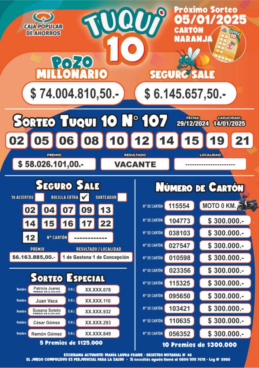 Tuqui 10: los resultados del sorteo del domingo 29 de diciembre