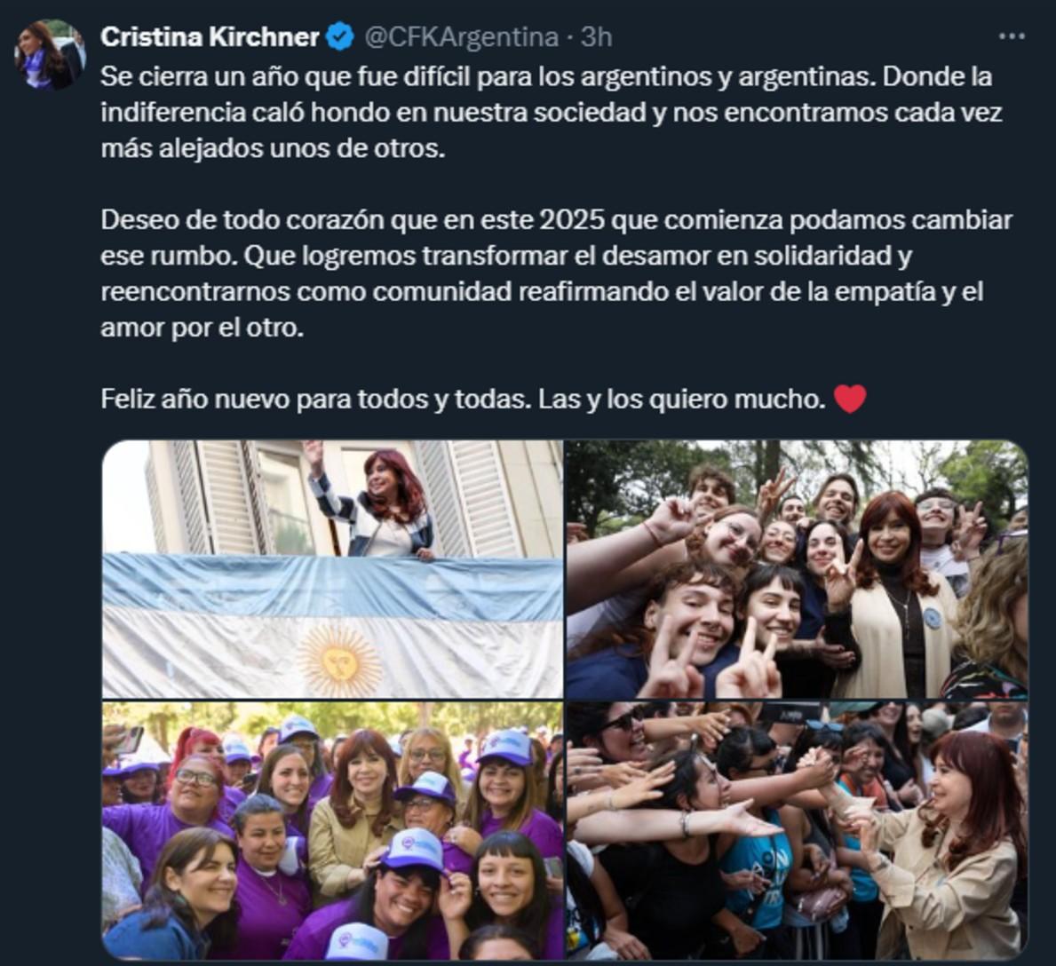 Cristina Kirchner compartió sus deseos para 2025: Que podamos cambiar el rumbo