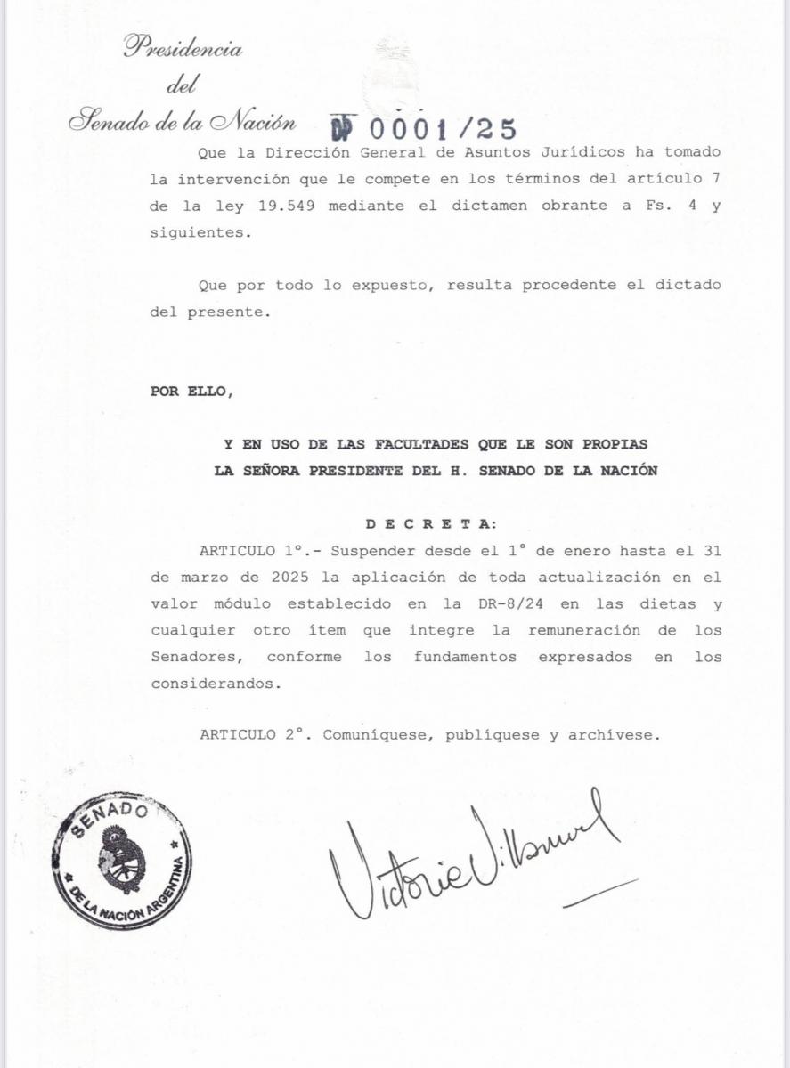 Victoria Villarruel congeló las dietas de los senadores hasta el 31 de marzo