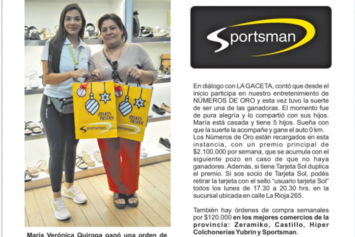 Números de la Suerte: María Verónica Quiroga ganó una orden de compra de $120.000 en Sportsman