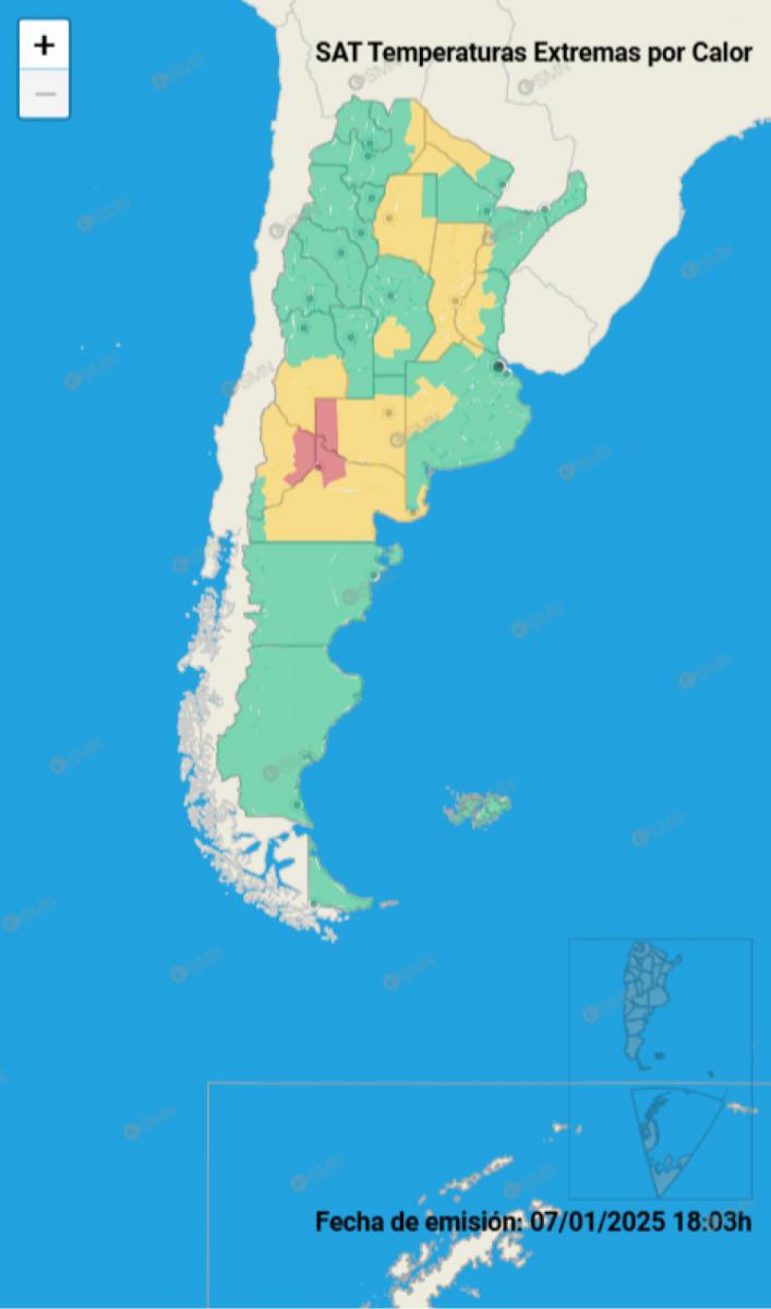 Mapa de alertas por calor extremo del Servicio Meteorológico Nacional