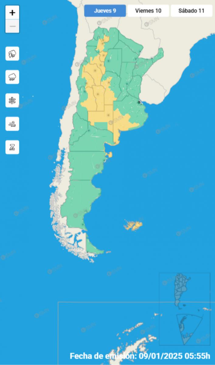 Mapa de alertas por tormentas del Servicio Meteorológico Nacional