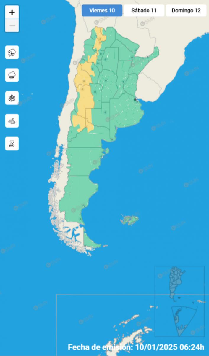 Mapa de alertas por tormentas del Servicio Meteorológico Nacional