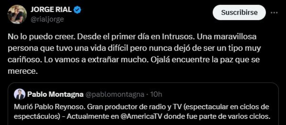 El emotivo tuit de Jorge Rial con motivo de la muerte del productor Pablo Reynoso