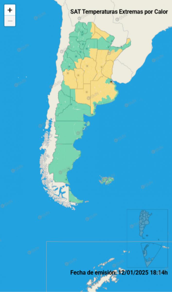 Mapa de alertas por calor extremo del Servicio Meteorológico Nacional