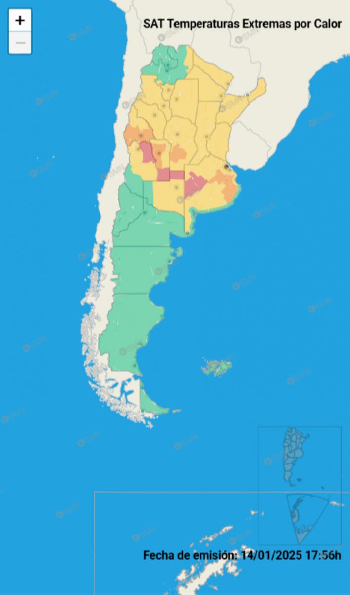 Mapa de alertas por calor extremo del Servicio Meteorológico Nacional