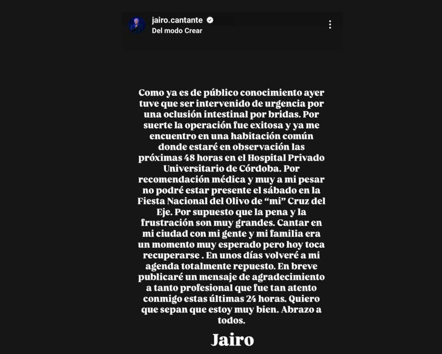 El comunicado de Jairo vía Instagram.