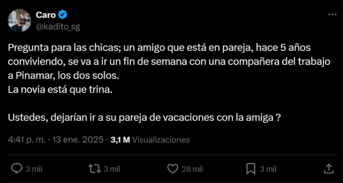 La historia que abrió debate en X: ¿puede un chico con novia vacacionar solo con una amiga?