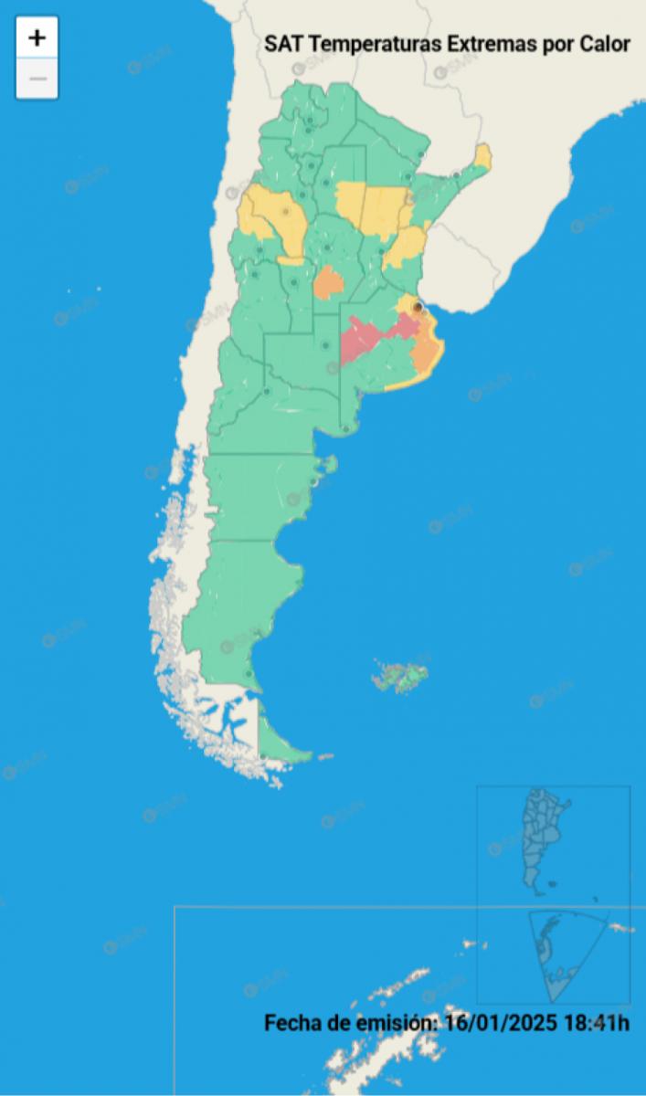 Mapa de alertas por calor extremo del Servicio Meteorológico Nacional