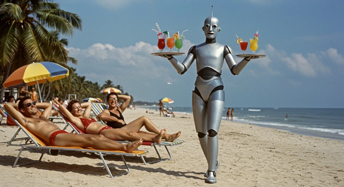 ImageFX: Un robot humanoide sirviendo tragos en una playa paradisíaca, mientras un grupo de humanos toma sol.