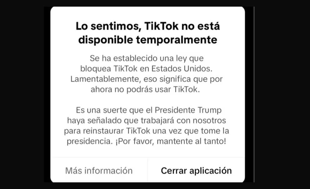 TikTok dejó de estar disponible en Estados Unidos el 19 de enero de 2025 tras la entrada en vigor de una ley que exige a ByteDance vender sus activos estadounidenses.