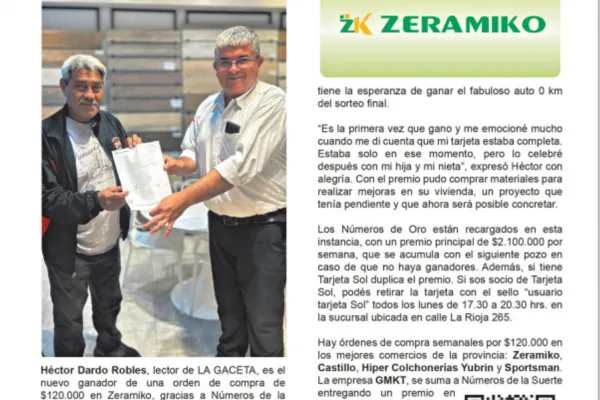 Números de la Suerte: Héctor Dardo Robles ganó una orden de compra de $120.000 en Zeramiko