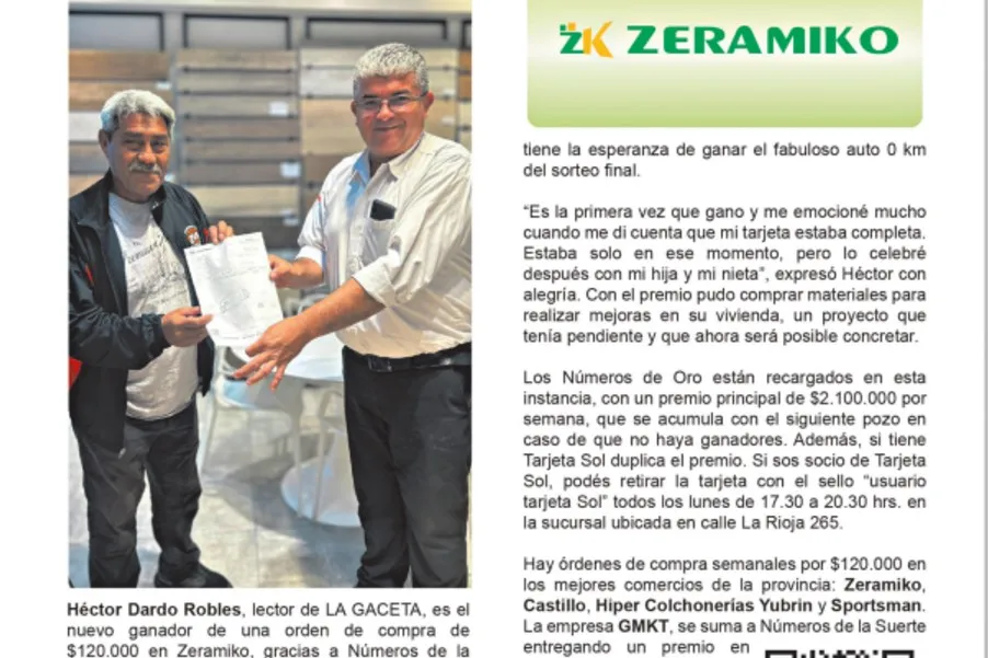 Números de la Suerte: Héctor Dardo Robles ganó una orden de compra de $120.000 en Zeramiko