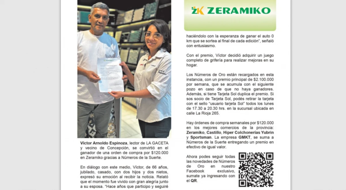 Números de la Suerte: Víctor Arnoldo Espinoza ganó una orden de compra por $120.000 en Zeramiko