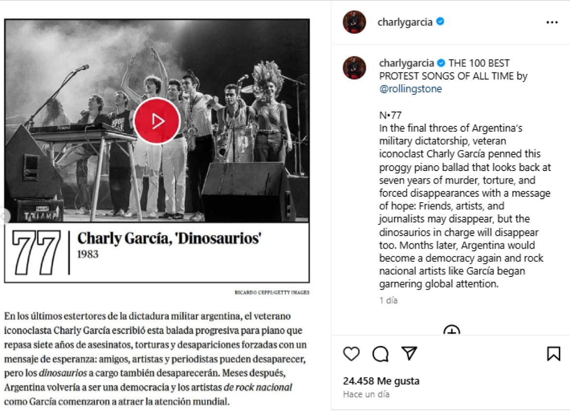 Un clásico de Charly García destacado entre las 100 mejores canciones de protesta por Rolling Stone