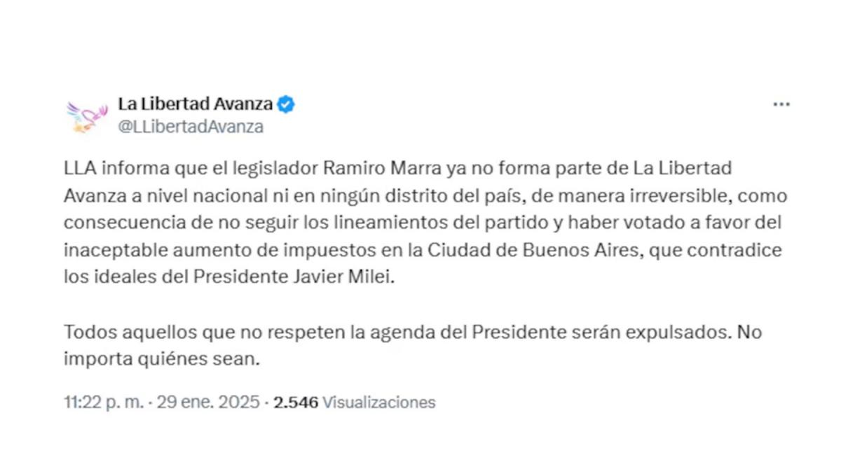 POR X. Desde LLA anunciaron por las redes sociales la salida de Marra del partido.