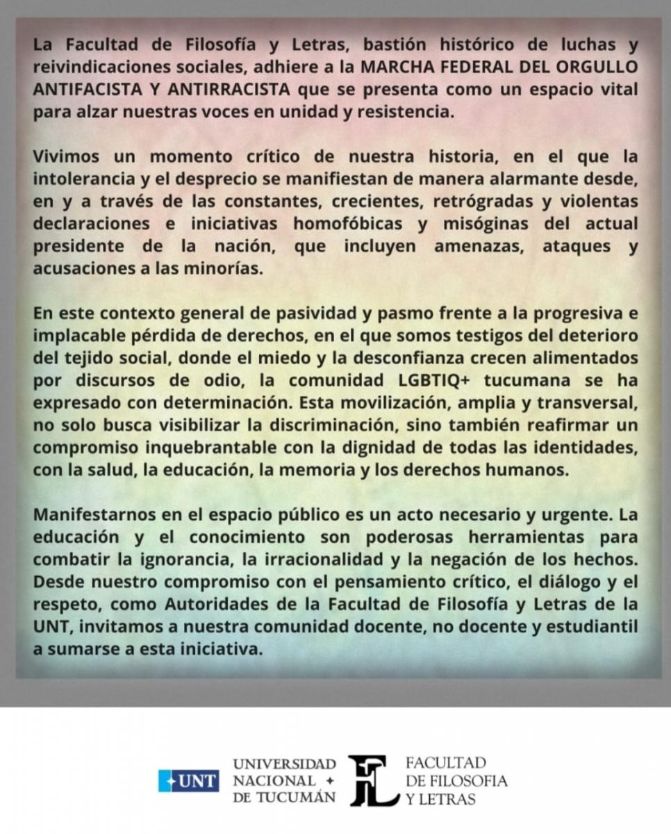 DECLARACIÓN. La Facultad de Filosofía y Letras convocó a la marcha federal del 1 de febrero. / INSTAGRAM @filo.unt