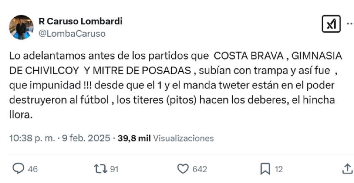 La bronca de Caruso Lombardi por las polémicas en el Regional Federal: “Destruyeron al fútbol”