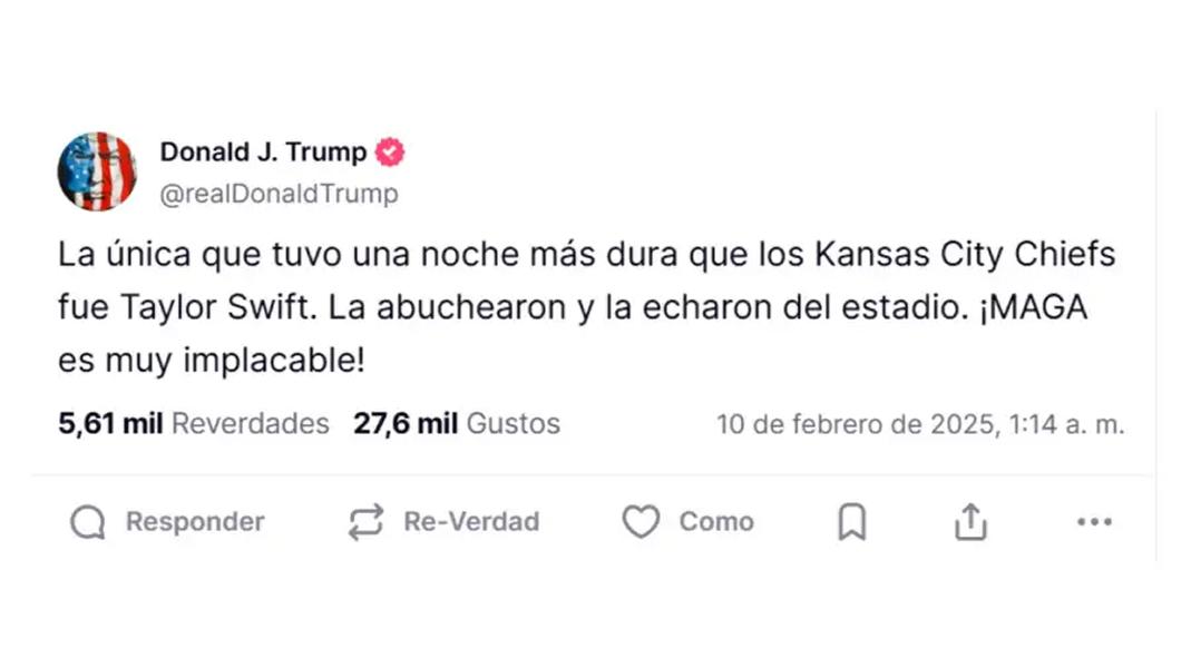 Donald Trump, se burló Taylor Swift después de que la cantante recibiera fuertes silbidos durante el Super Bowl de la NFL.