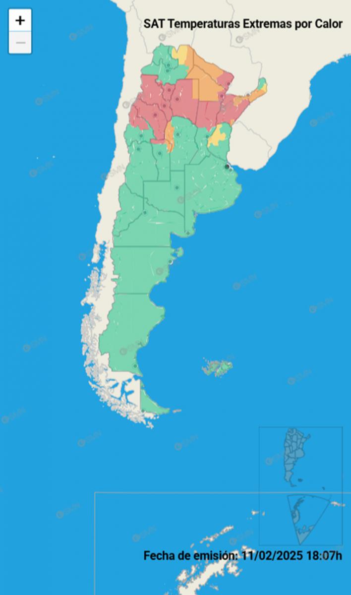 Mapa de alertas por calor extremo del Servicio Meteorológico Nacional