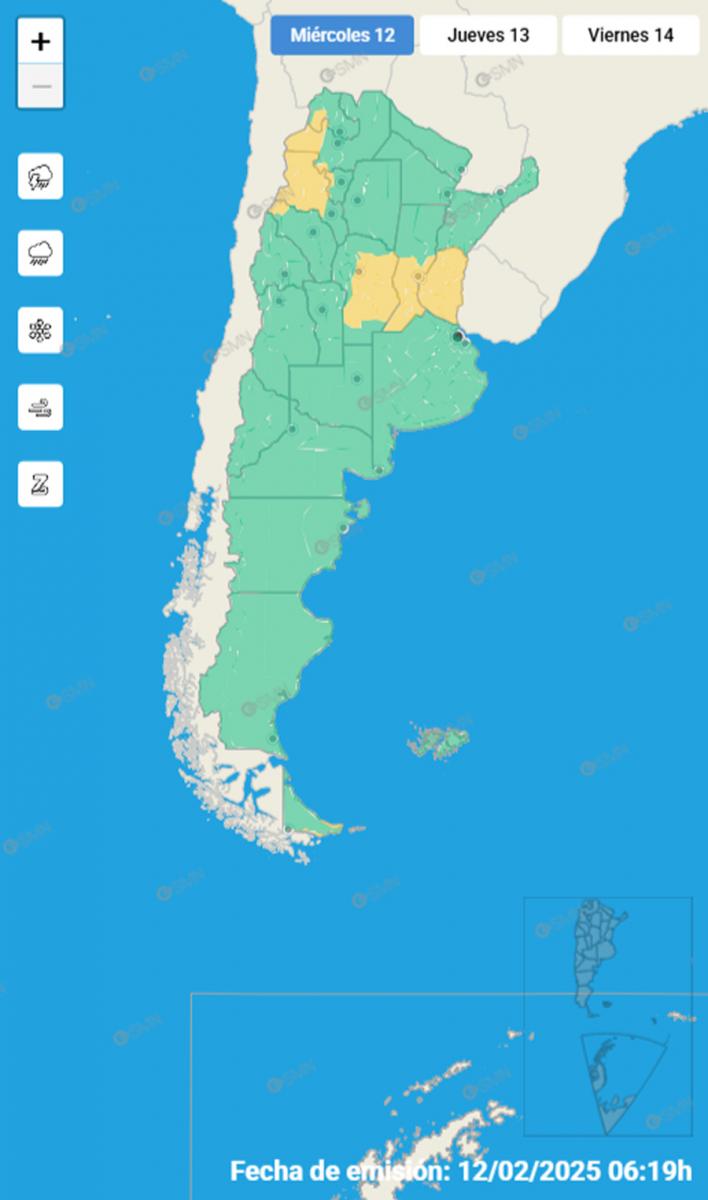 Mapa de alertas por tormentas del Servicio Meteorológico Nacional