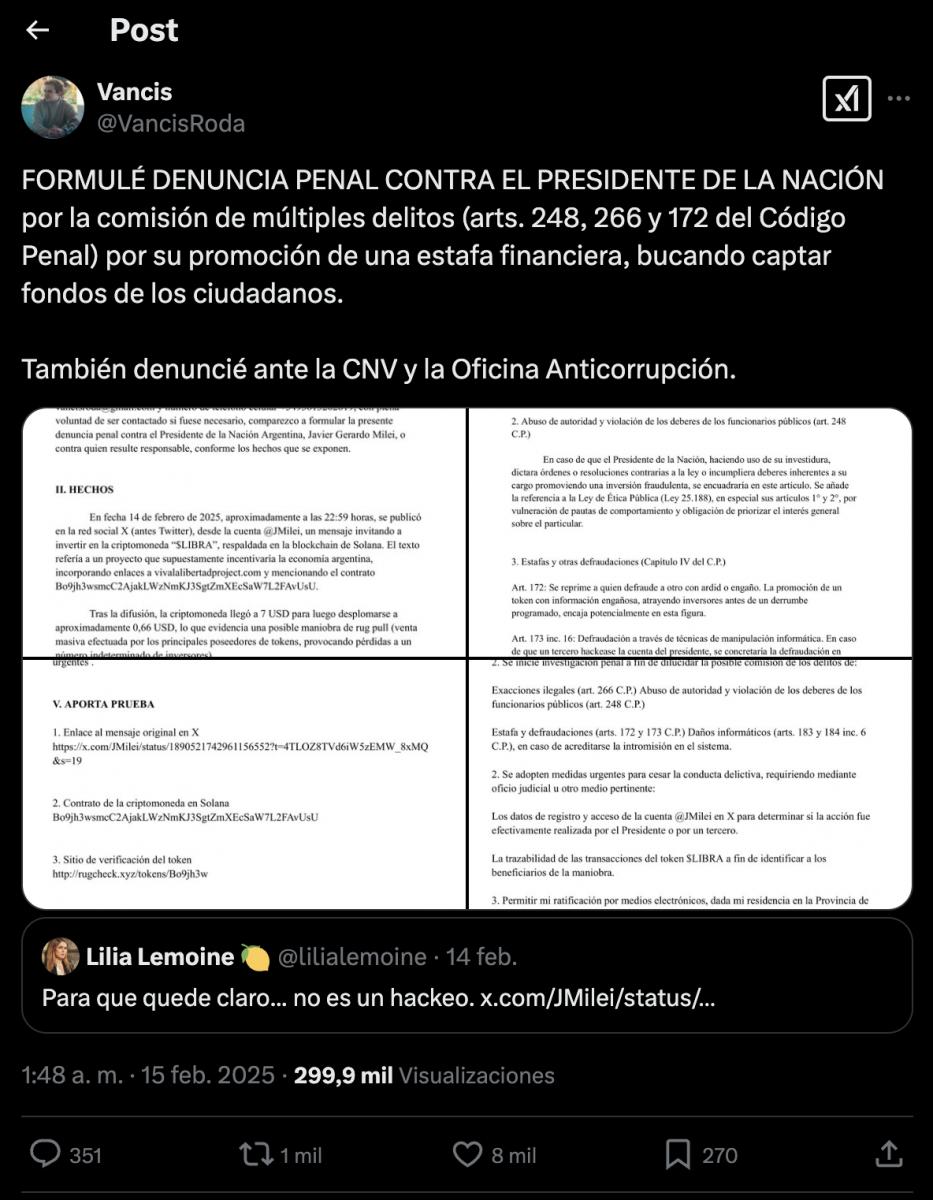 EL ANUNCIO DEL JOVEN TUCUMANO. Roda tuiteó que había denunciado a Milei el propio 15 de febrero de 2025, antes de que el Presidente borrara el mensaje de apoyo a $LIBRA. / CAPTURA DE PANTALLA