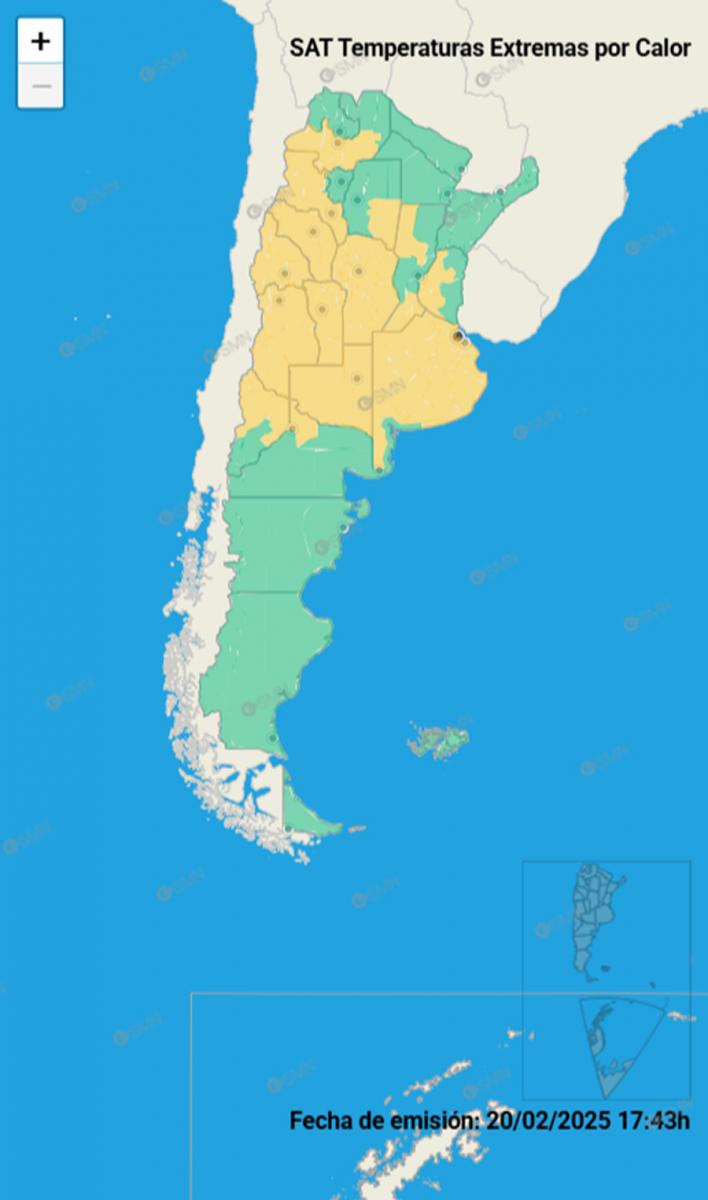 Mapa de alertas por calor extremo del Servicio Meteorológico Nacional