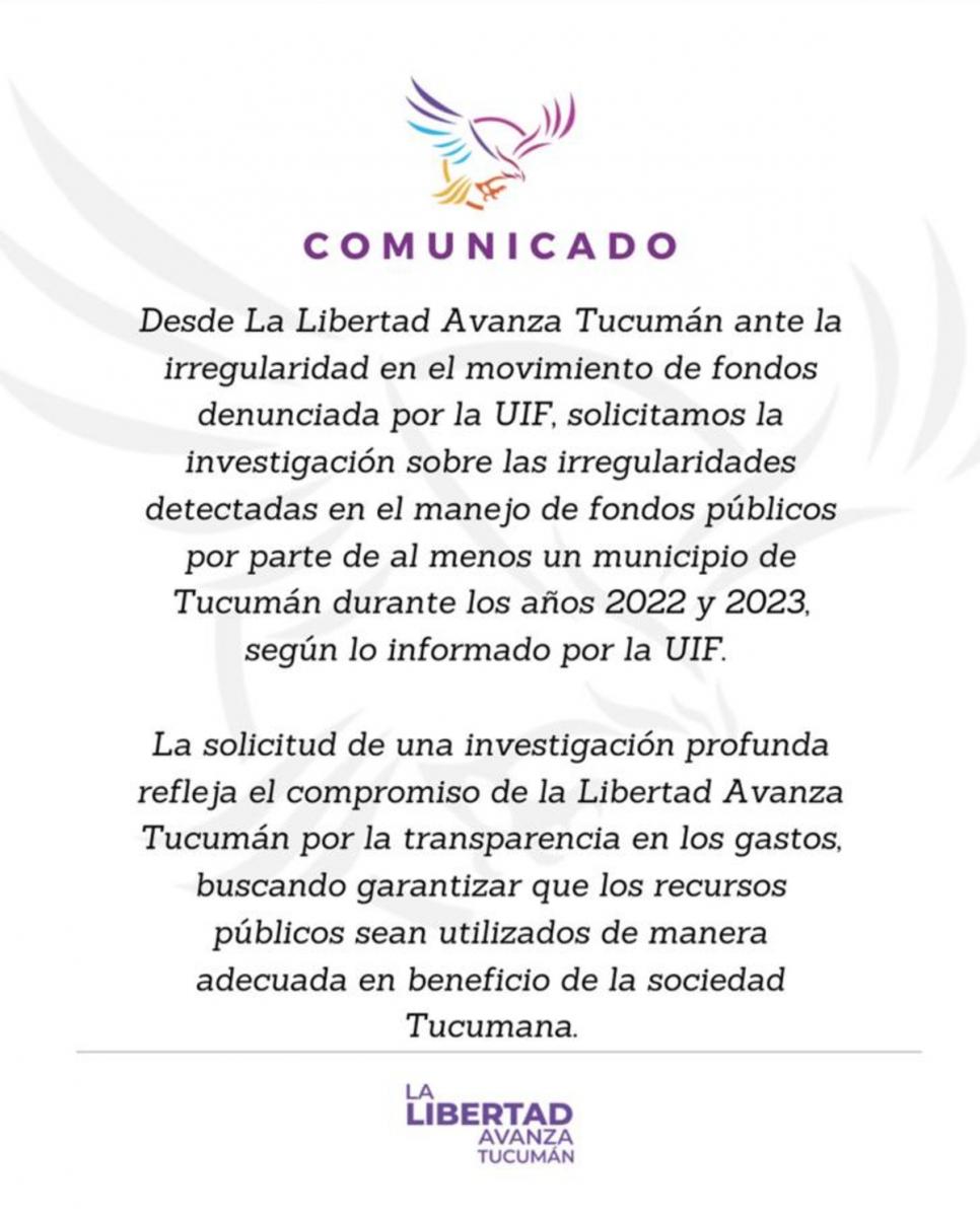 Comunicado oficial de LLA Tucumán.