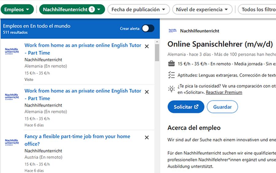 OFERTA EN LINKEDIN. Los interesados en esta vacante pueden encontrar todos los detalles y postularse a través de la página oficial de LinkedIn de Nachhilfeunterricht. / CAPTURA DE PANTALLA