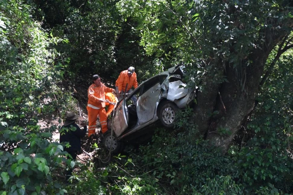 DESTRUIDO. El auto en la bajada, en medio de la espesura. 