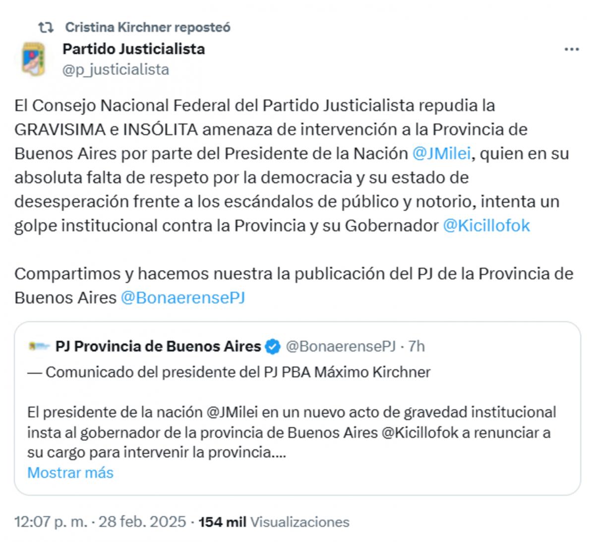 Cristina Kirchner respaldó a Axel Kicillof luego de que Milei pidiera su renuncia