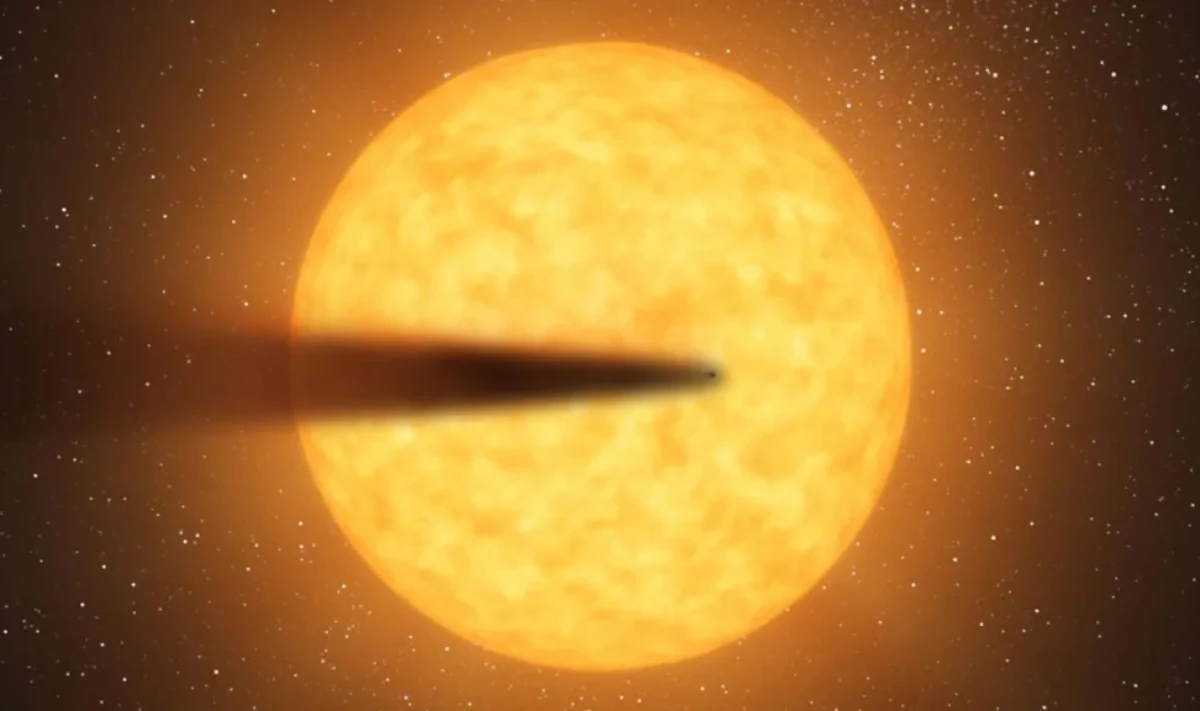 Esta ilustración artística de uno de estos planetas en desintegración frente a la estrella KIC 12557548 muestra cómo se ve afectada la luz a medida que pasa a través de la cola del exoplaneta. Crédito: NASA/JPL-Caltech/Eos.org