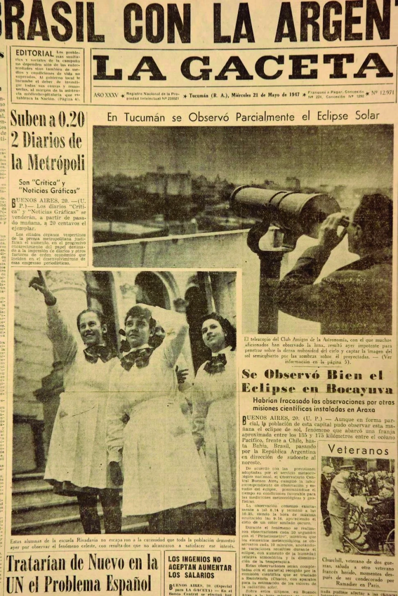 La publicación de LA GACETA del día de 1947 en que el físico adaptó un telescopio para que se pudiera admirar un eclipse de sol.