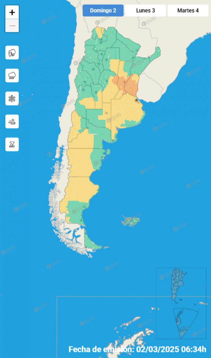 Mapa de alertas por tormentas del Servicio Meteorológico Nacional