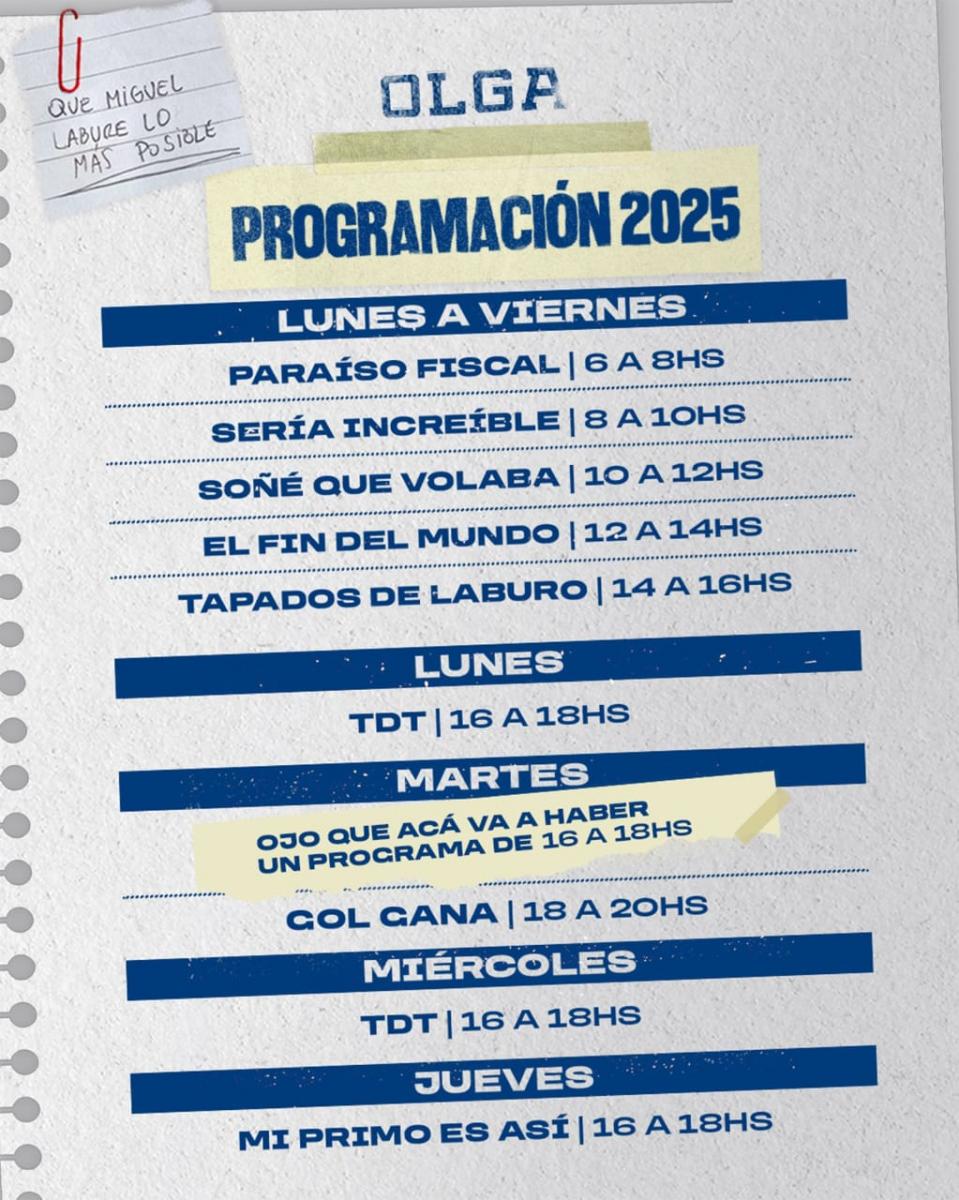 GRILLA DE NOVEDADES. El canal anunció los horarios y programas que se trasmitirán diaria y semanalmente. / OLGA X