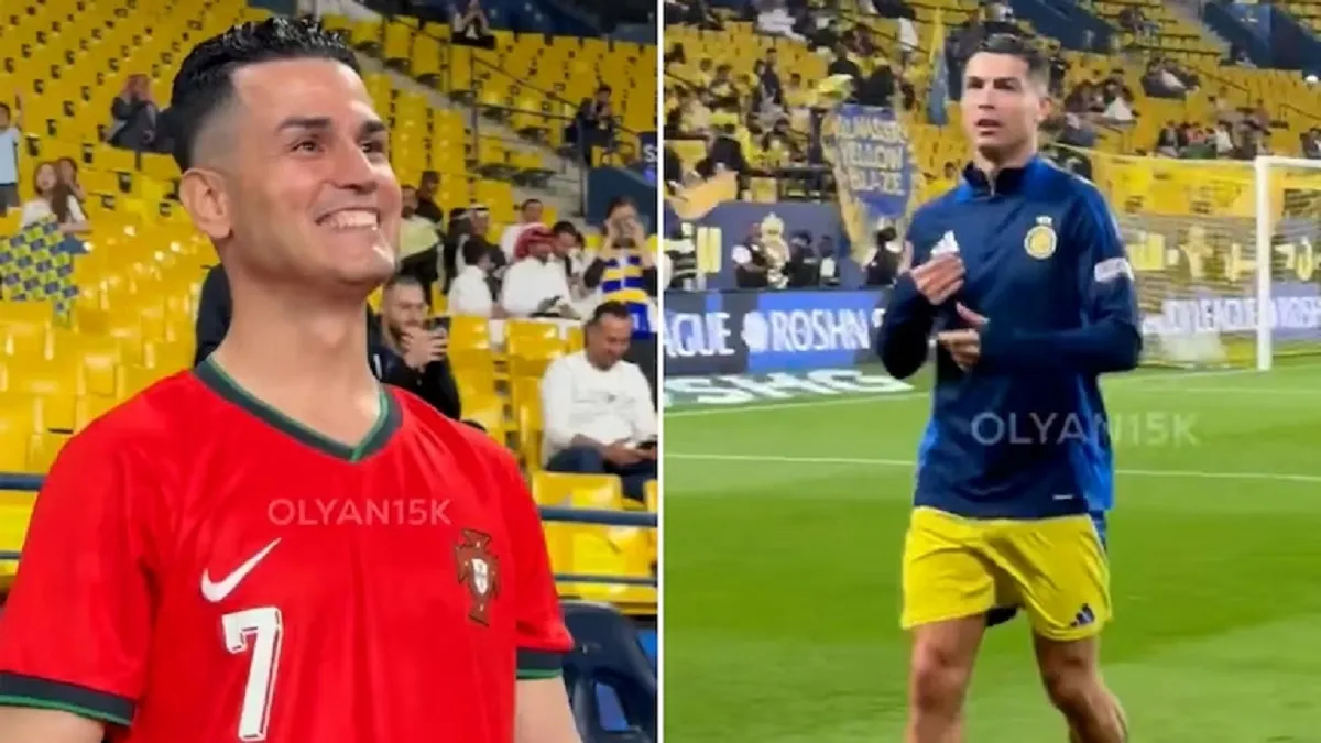 DIVERTIDO MOMENTO. Cristiano Ronaldo se encontró con su doble mientras realizaba la entrada en calor.