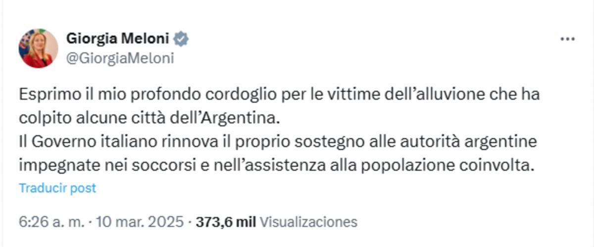 La primera ministra de Italia se solidarizó con las víctimas del temporal en Bahía Blanca