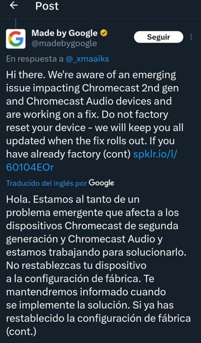 Google confirma el error en Chromecast, pero sin fecha de resolución.