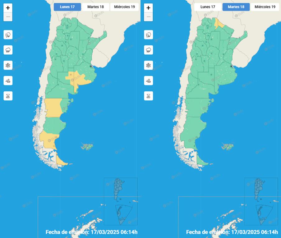 Los mapas del Servicio Meteorológico Nacional para los primeros días de la semana.