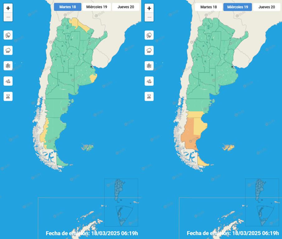 Mapas indicadores de alertas del martes y miércoles del Servicio Meteorológico Nacional.