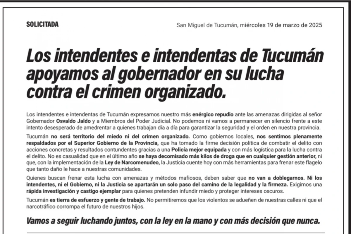 Los intendentes e intendentas de Tucumán apoyamos al gobernador en su lucha contra el crimen organizado