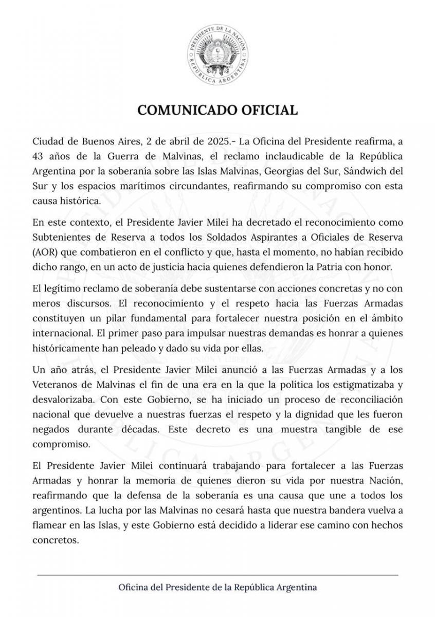 El Gobierno oficializó un ascenso para soldados que fueron reservistas en Malvinas