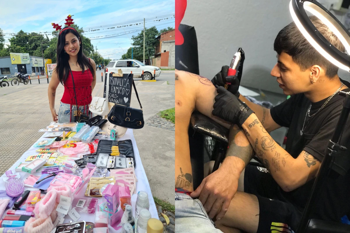 JUVENTUD EMPRENDEDORA. Micaela vende skincare en ferias y Lautaro tatúa en su local para generar ingresos mientras estudian.